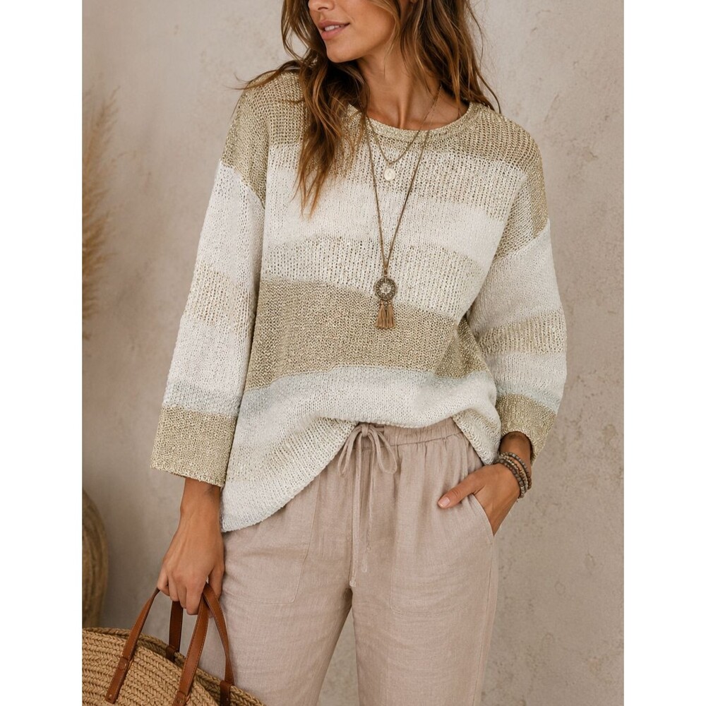 Chicos Sweater Womens 3 XL Cream Striped Knit Pullover Everyday Boho Casual